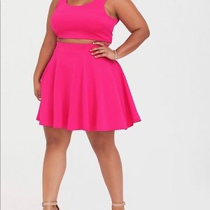 Fun pink two piece flare skirt with tank crop top